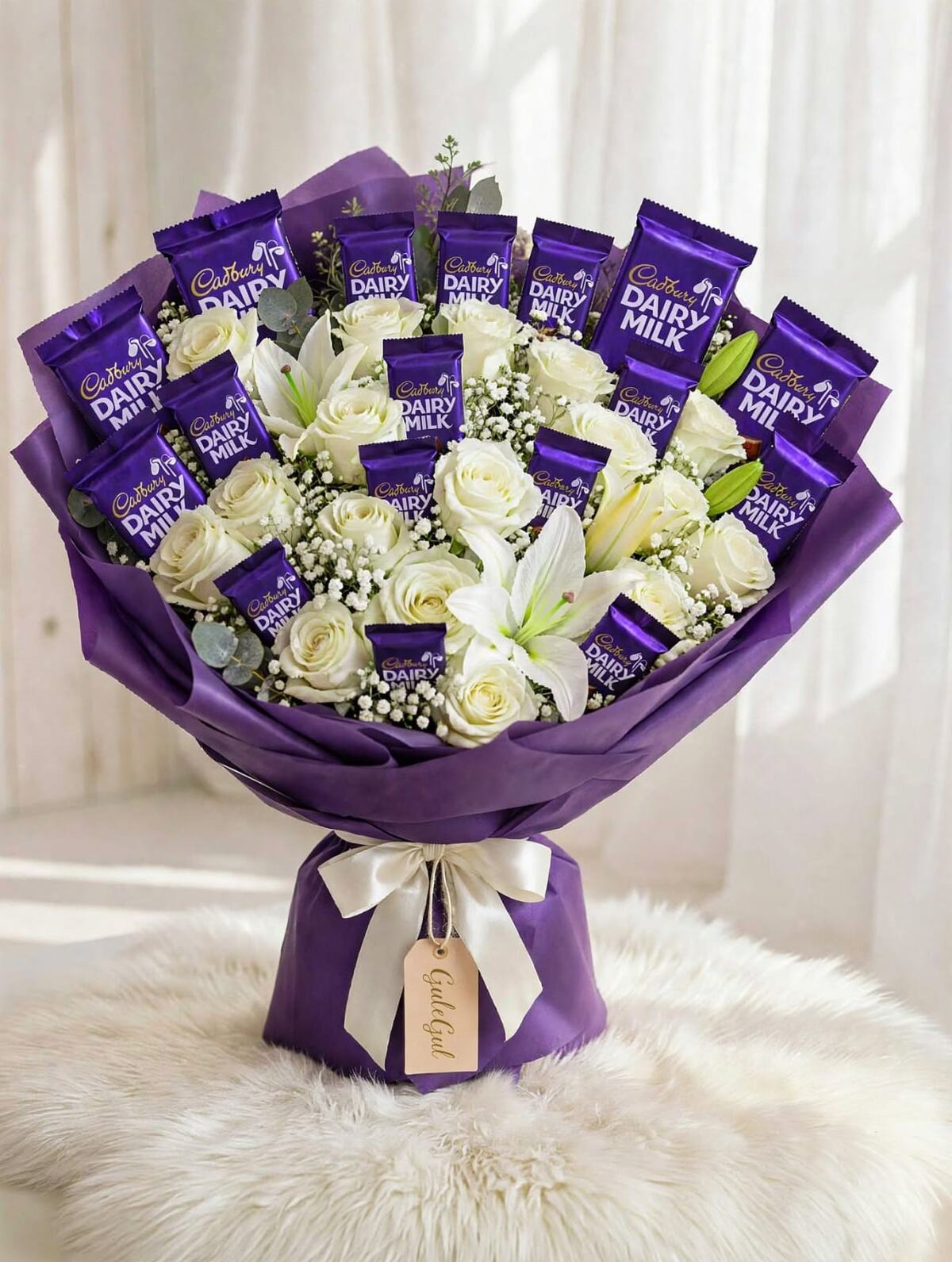 Dairy Milk Bouquet with White Rose (Purple Wrap) — GuleGul Flowers