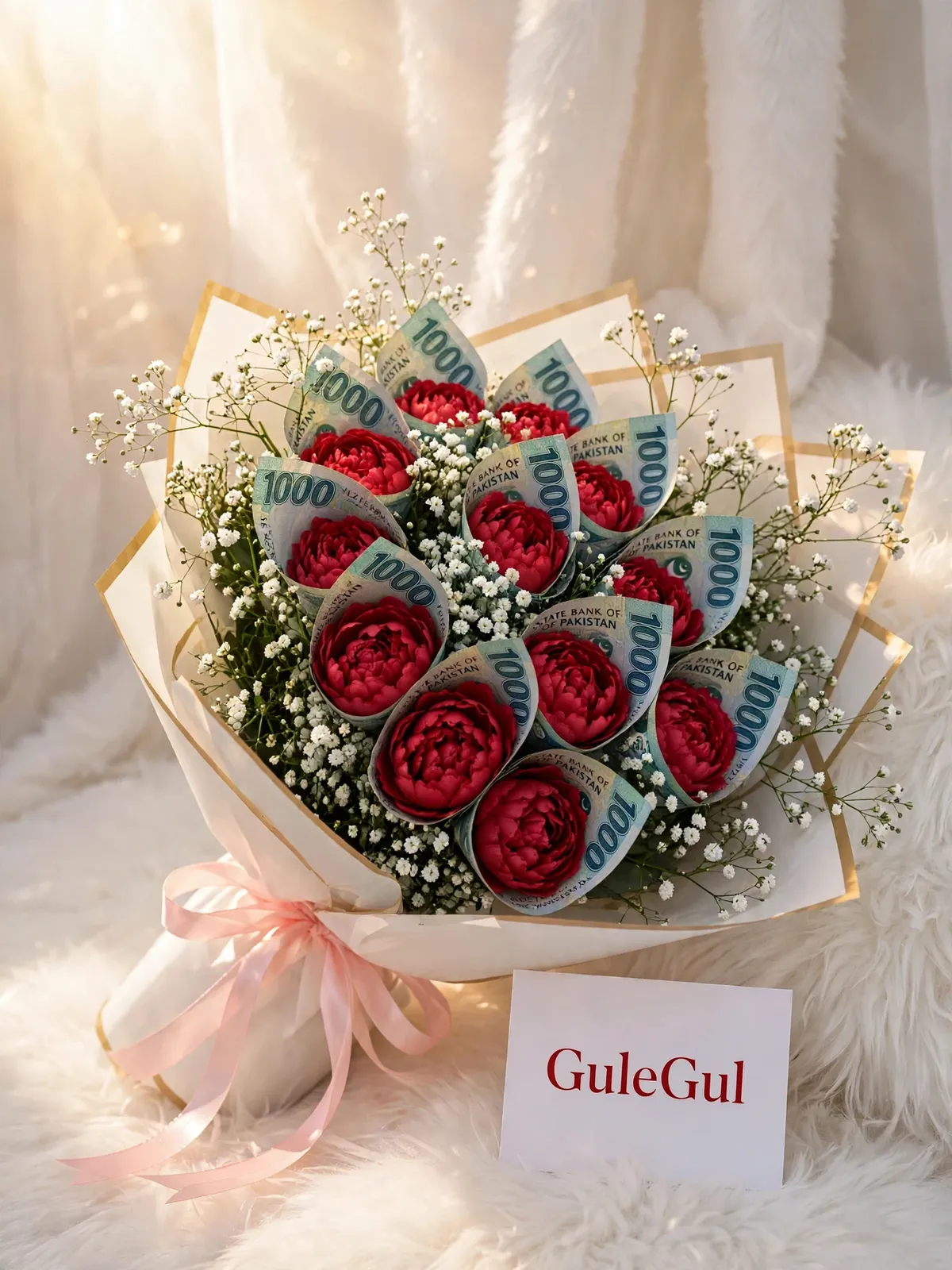 Money Bouquet with Red Rose and Baby's Breath