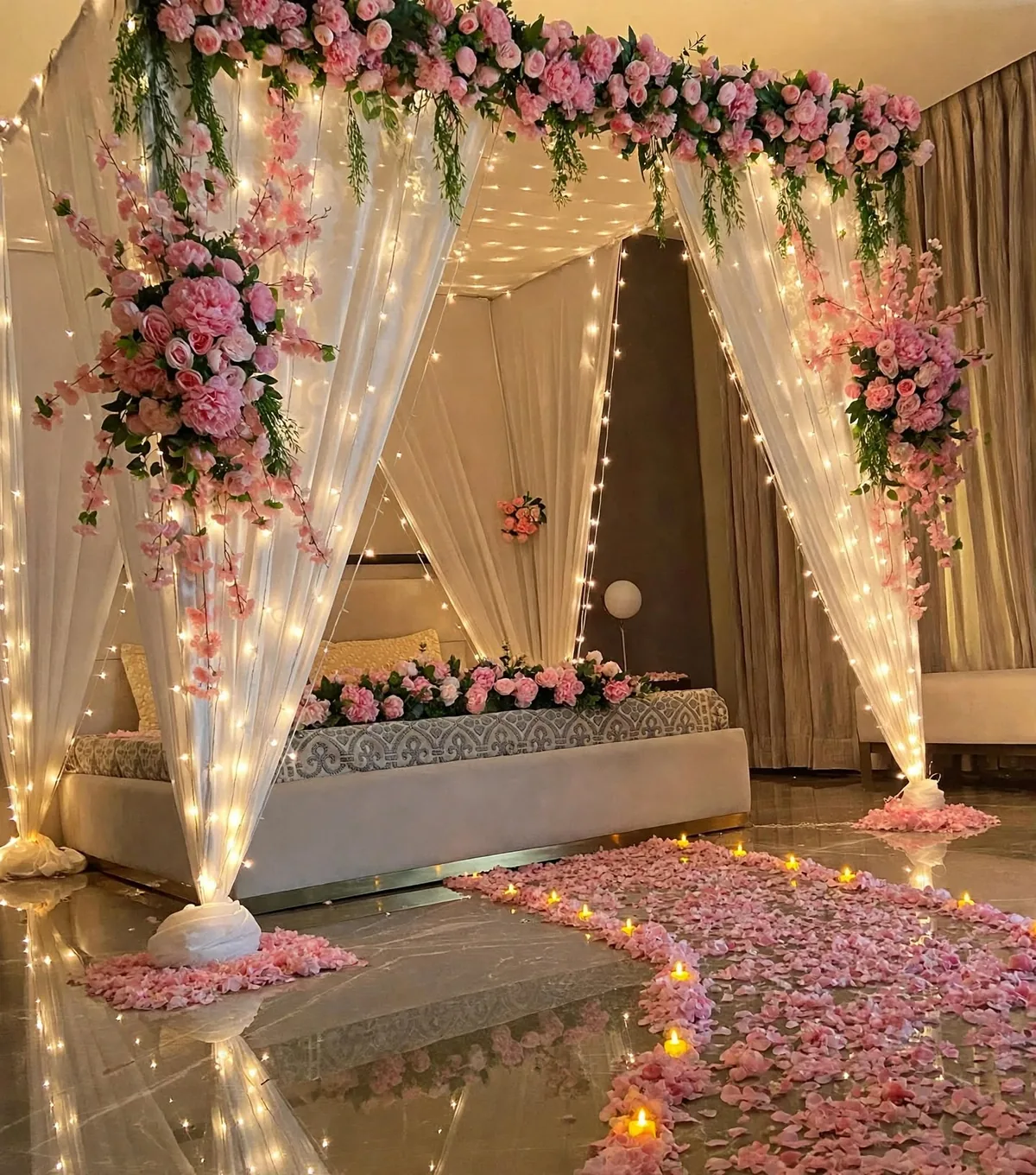 Pink Rose Bridal Room with Petal Path: Pink flowers on a bed canopy with white drapes and fairy lights, and a path of pink petals and candles, GuleGul Flowers Lahore