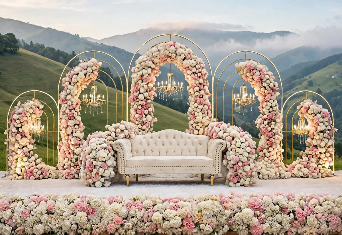 Gold Arch Walima Stage: Gold arches filled with pink and white flowers behind a white sofa, with a flower border on the stage, GuleGul Flowers Lahore