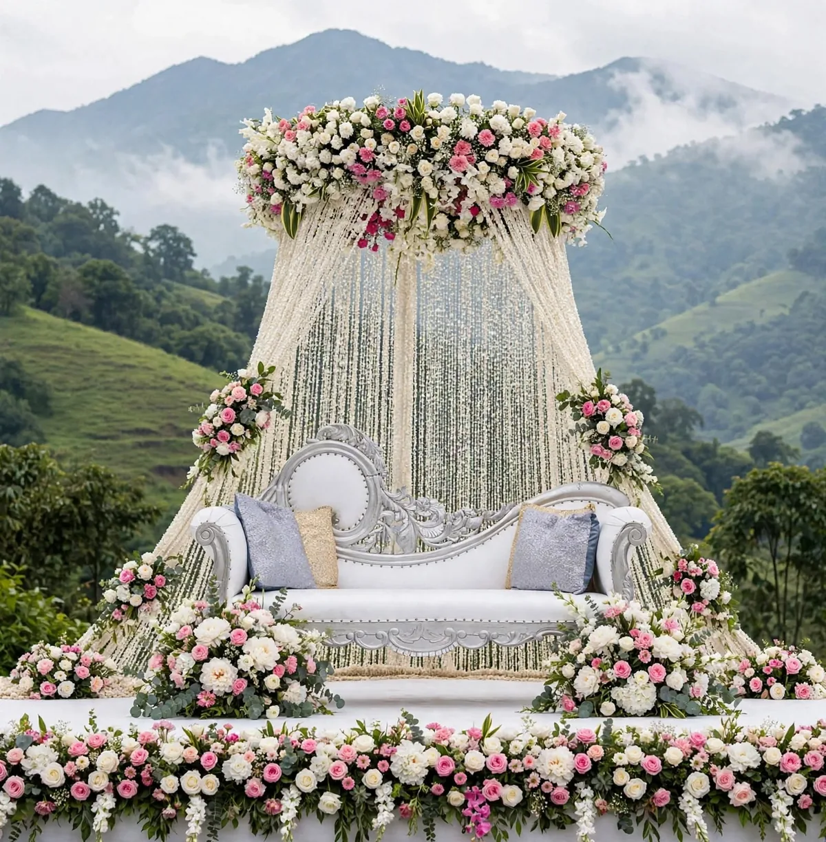 White Canopy Walima Stage: White string canopy with a pink and white flower top, a white sofa and a border of pastel flowers, GuleGul Flowers Lahore
