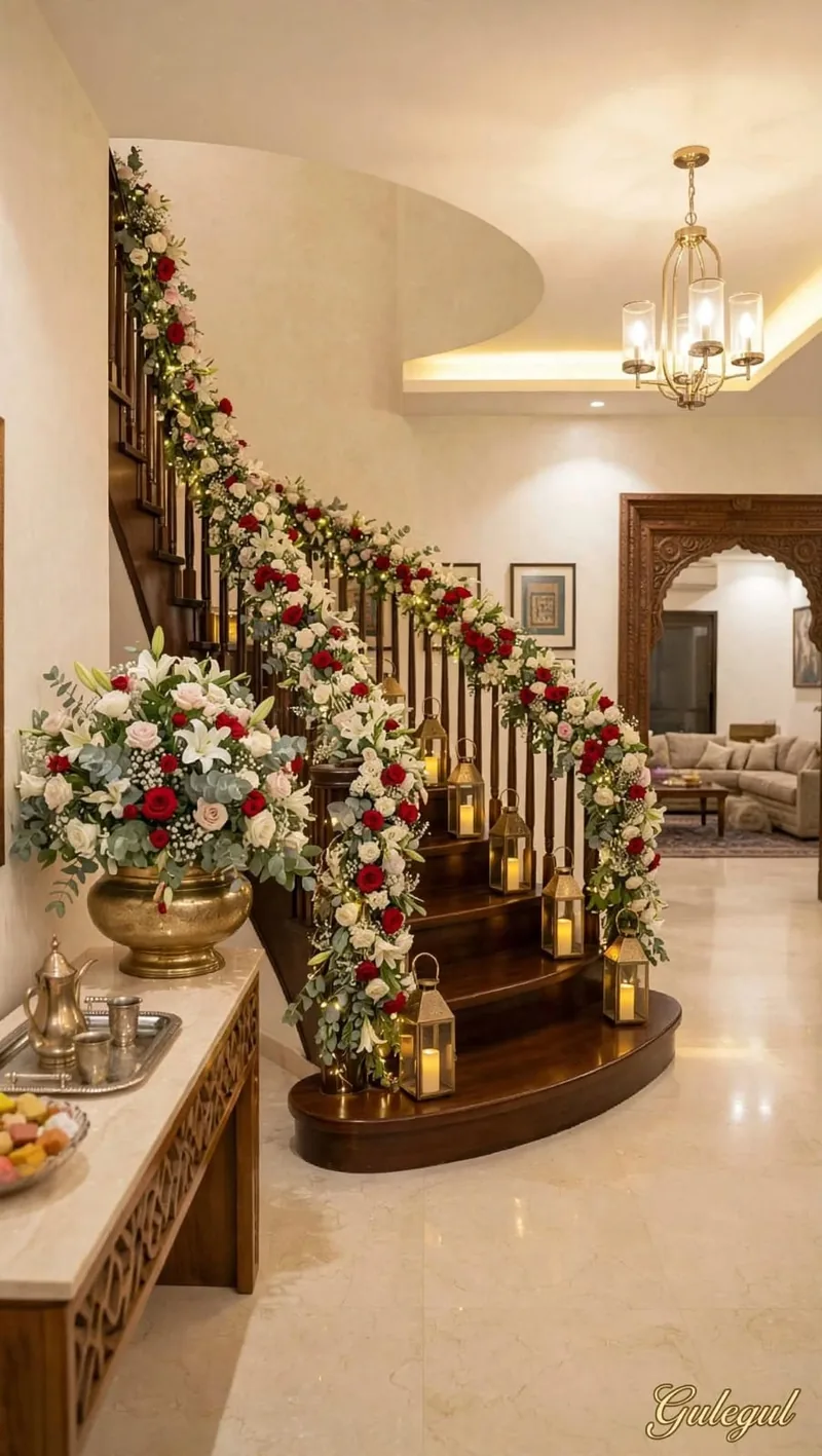 Red and White Rose Staircase Decor: Red and white rose garland along a stair railing with lanterns on the steps and a flower vase, GuleGul Flowers Lahore